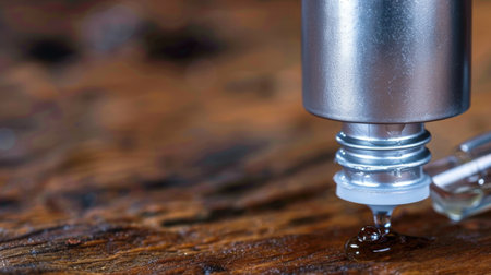 A close-up image capturing the moment a drop of liquid falls from a silver bottle cap onto a rustic wooden surface, showcasing textures and details.の素材