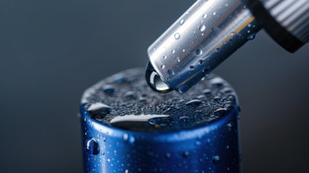 A stunning close-up of a droplet about to fall from a dropper onto a dark blue surface adorned with water beads, showcasing intricate details of moisture and light reflections.の素材