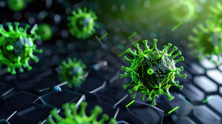 This visually striking image showcases green virus particles in a 3D abstract environment, highlighting their intricate structure and biological complexity.の素材