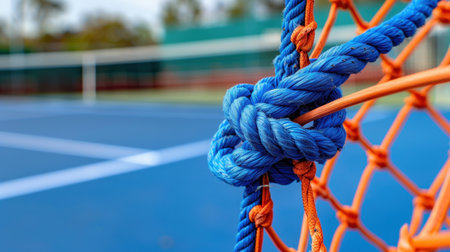 This image captures a detailed view of a blue and orange knot tied on a tennis net, showcasing vibrant colors against a blurred court backdrop. Perfect for sports-related themes.の素材