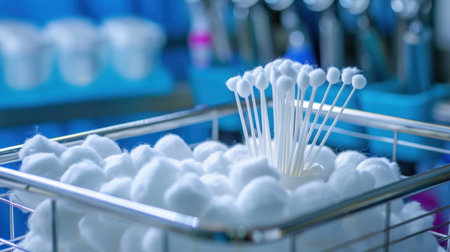A close-up view of a medical storage basket filled with cotton balls and swabs, showcasing a clean, organized healthcare environment ideal for clinical settings.の素材