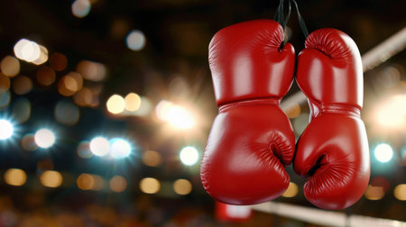 Two vibrant red boxing gloves dangle in a lively sports arena, illuminated by bright lights, capturing the spirit of competition and athleticism.の素材