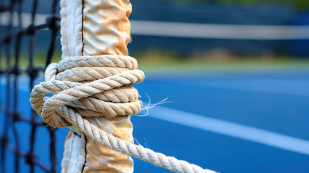 This close-up image showcases a tennis net post featuring a detailed rope knot, emphasizing the textures against a vibrant blue court background, ideal for sports-related themes.の素材