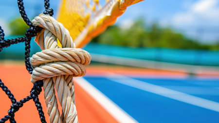 A vibrant close-up of a tennis net knot against a backdrop of a bright blue and orange court, perfect for capturing the essence of the sport.の素材