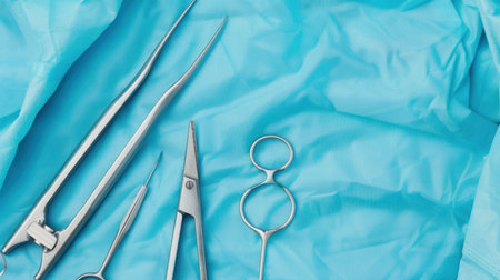 A collection of surgical tools, including scissors, forceps, and clamps, arranged on a blue medical fabric background, highlighting precision and cleanliness.の素材