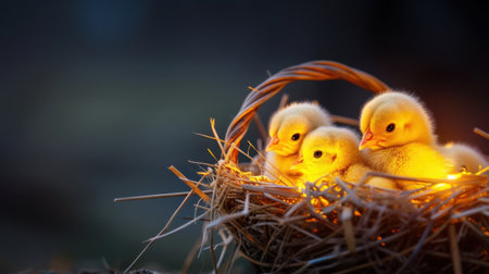 Three fluffy yellow chicks sit snugly in a decorative basket filled with straw, illuminated by a warm light, creating a cozy and tranquil atmosphere.の素材