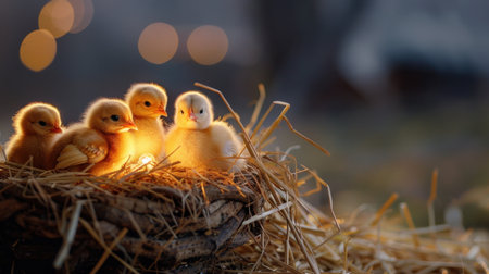 Four adorable baby chicks huddle together in a cozy nest made of straw, illuminated by warm light, creating a charming and heartwarming scene.の素材