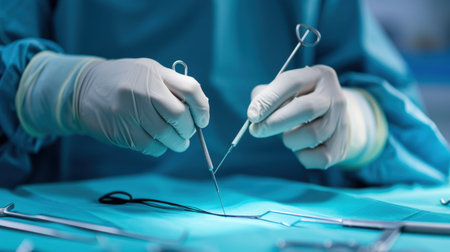 Close-up view of a surgeon's hands gloved and using precision tools in a sterile environment, showcasing the careful process of surgical procedure and patient care.の素材