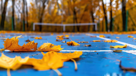 A captivating view of a blue court scattered with vibrant autumn leaves, surrounded by trees showcasing their seasonal colors, evoking tranquility.の素材