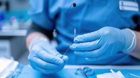 Close-up image of a medical professional holding a fine needle, showcasing gloved hands and focusing on the precision involved in clinical procedures.の素材