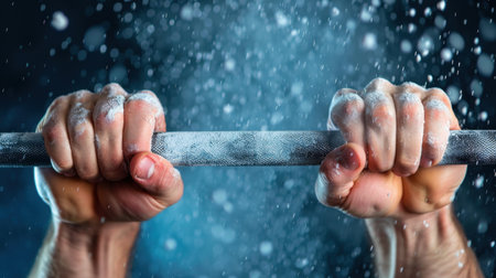 A dynamic close-up of strong hands gripping a barbell covered in powdered chalk. This image captures the essence of determination and strength in fitness workouts.の素材