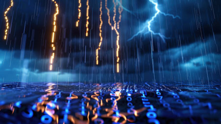 This striking image features digital rain cascading over a reflective surface, accompanied by bold lightning in a stormy atmosphere, symbolizing technology's dynamic power.の素材