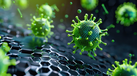 This image showcases a detailed close-up of viruses against a dark hexagonal backdrop, highlighting their green structure and texture for scientific use.の素材