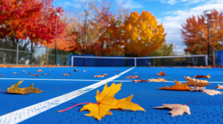 A picturesque tennis court in autumn showcases vibrant blue surfaces accented by fallen leaves and colorful foliage, creating a serene outdoor venue.の素材