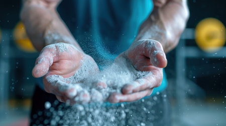An athlete prepares for a weightlifting session by applying chalk dust to their hands, enhancing grip strength and ensuring a secure hold during training.の素材