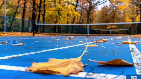 A beautiful autumn scene featuring a vibrant blue tennis court adorned with fallen leaves, creating a picturesque park atmosphere perfect for sports and relaxation.の素材