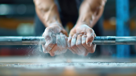 Close-up of hands gripping a weightlifting barbell coated with chalk dust, emphasizing the strength and dedication of an athlete in a gym environment.の素材