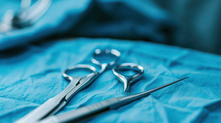 A focused view of surgical instruments placed on a sterile blue surface, highlighting tools essential for medical procedures in a professional environment.の素材