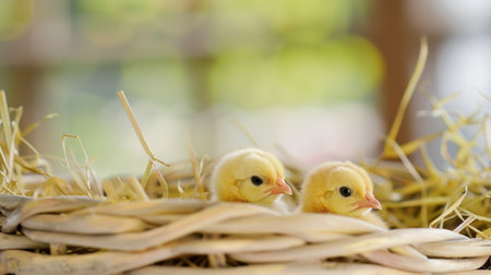 Two fluffy yellow chicks sit cozily in a straw basket, radiating innocence and charm. The soft natural lighting enhances the cozy farm atmosphere.の素材