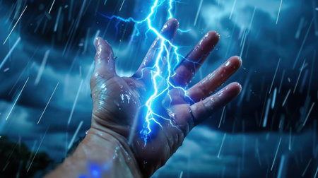 A striking image of a hand extended towards a vivid bolt of lightning amidst a stormy backdrop, capturing the raw power of nature. Rain falls heavily, enhancing the dramatic scene.の素材