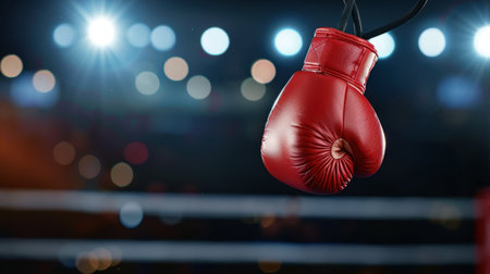 A striking close-up of a red boxing glove suspended against a blurred backdrop of bright arena lights, symbolizing the energy and intensity of sport.の素材