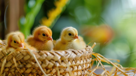 Three adorable yellow chicks rest together in a woven basket filled with straw. The background features a vibrant garden, evoking a cozy spring atmosphere.の素材