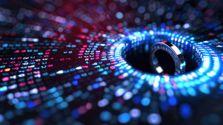 This stunning abstract digital art piece features a shiny ring enveloped by vibrant data streams and dynamic light effects, representing a futuristic concept.の素材