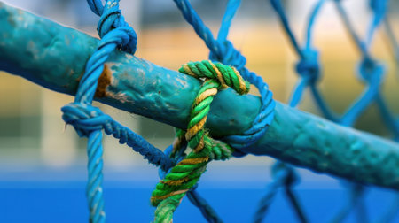 A close-up image displaying a vibrant blue metal fence with a colorful rope knot, emphasizing details and textures in an outdoor sports environment.の素材