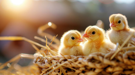 Three fluffy yellow chicks are nestled together in a straw nest, bathed in warm sunlight, evoking feelings of innocence and joy in nature.の素材