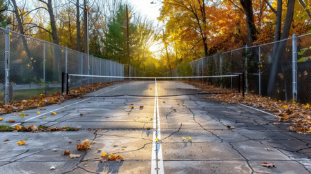 An abandoned tennis court enveloped in autumn's vibrant colors during sunset. The scene captures the beauty of nature with fallen leaves, trees, and soft light.の素材