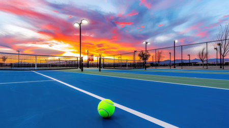 A stunning view of a tennis court at sunset, featuring a bright green tennis ball on the blue surface. The colorful sky and calm atmosphere create a perfect setting for sports and relaxation.の素材
