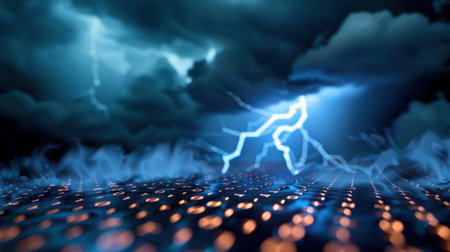 A stunning visual of a lightning strike illuminating dark clouds in a dystopian landscape. This image captures the raw power and energy of nature, creating a surreal atmosphere filled with tension and beauty.の素材