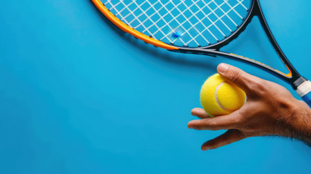 A captivating image showcasing a hand gripping a vibrant yellow tennis ball just above a tennis racket, set against a bright blue background. Perfect for sports-themed projects.の素材