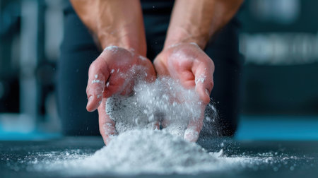 A close-up of hands releasing fine powder, representing the essence of strength training and the dedication of athletes preparing for intense workouts.の素材