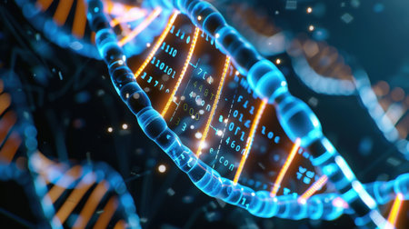 This mesmerizing illustration depicts a DNA helix intricately intertwined with glowing binary code, symbolizing the fusion of genetics and technology, representing innovation.の素材