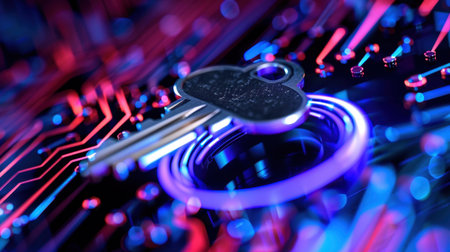 This captivating image features a digital key at the center, surrounded by a vibrant circuit board backdrop, representing advanced cybersecurity and data protection.の素材