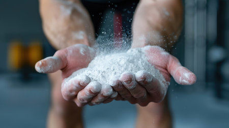 A close-up view of hands releasing fine powder in a gym setting, ideal for representing fitness, strength training, and athletic determination.の素材