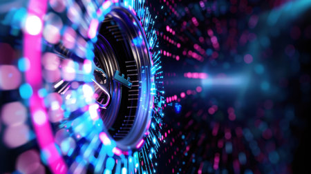 This mesmerizing image features vibrant light particles in a circular motion, creating a stunning abstract visualization that captures the essence of modern technology.の素材