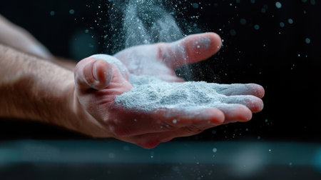 A close-up view of a hand releasing white powder with fine dust particles floating in the air, showcasing motion and artistry against a dark background.の素材