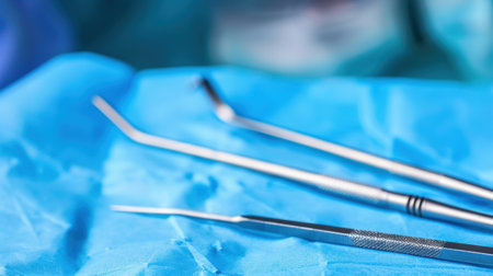 A close-up shot of metallic surgical instruments laid out on a sterile blue draping, showcasing essential tools for various healthcare procedures.の素材