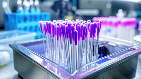 This image showcases a close-up view of sterile cotton swabs arranged neatly in a laboratory setting. Ideal for medical and research applications, these tools are essential for sample collection and diagnostic procedures. The image emphasizes cleanliness and precision in a scientific environment.の素材