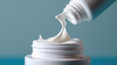 A close-up view of creamy lotion being squeezed from a tube onto a jar. The soft blue background emphasizes the smooth texture and fresh appearance of the skincare product.の素材