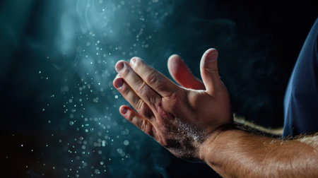 A captivating image showcasing hands clapping, sending dust particles into the air, illuminated by soft light against a dark background, conveying movement and emotion.の素材