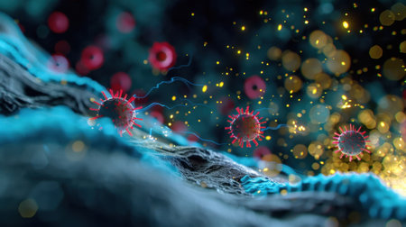 A vibrant digital illustration depicting viruses interacting with cells in a captivating microscopic environment, showcasing intricate molecular details and glowing effects.の素材