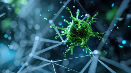 A striking close-up of a green virus cell set against an abstract digital background with sparkling particles, representing the intersection of biology and technology.の素材