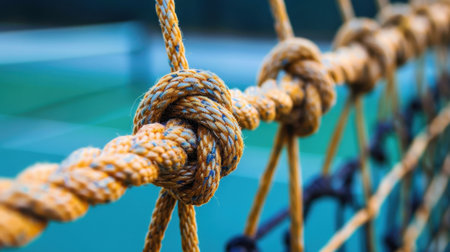 A detailed close-up of a tightly secured knot in a twisted rope, featuring a soft blur of a tennis court in the background, conveying strength and craftsmanship.の素材