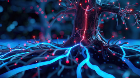 This abstract image showcases a tree with glowing roots and branches, illuminated by vibrant electric colors in a surreal setting, symbolizing life and energy.の素材