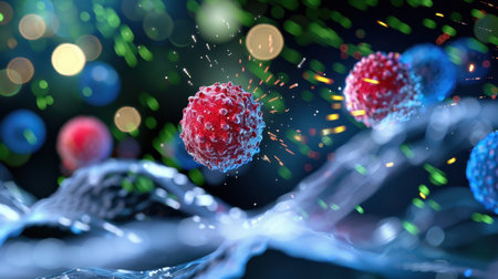 This stunning abstract image showcases vibrant cells in motion, surrounded by colorful particles and illuminated effects, representing biological phenomena creatively.の素材
