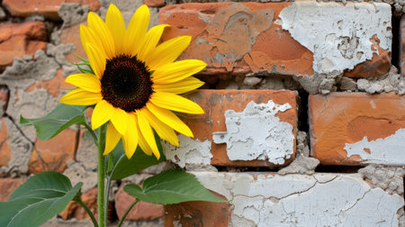 A stunning close-up of a vibrant sunflower elegantly juxtaposed against a rustic brick wall with peeling paint, showcasing nature's beauty in an urban setting.の素材
