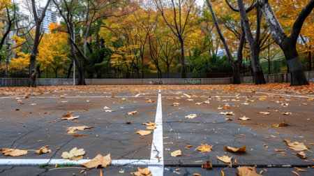 A tennis court lies empty, covered in autumn leaves, framed by trees in their colorful fall glory. The calm setting invites relaxation amidst nature's beauty.の素材